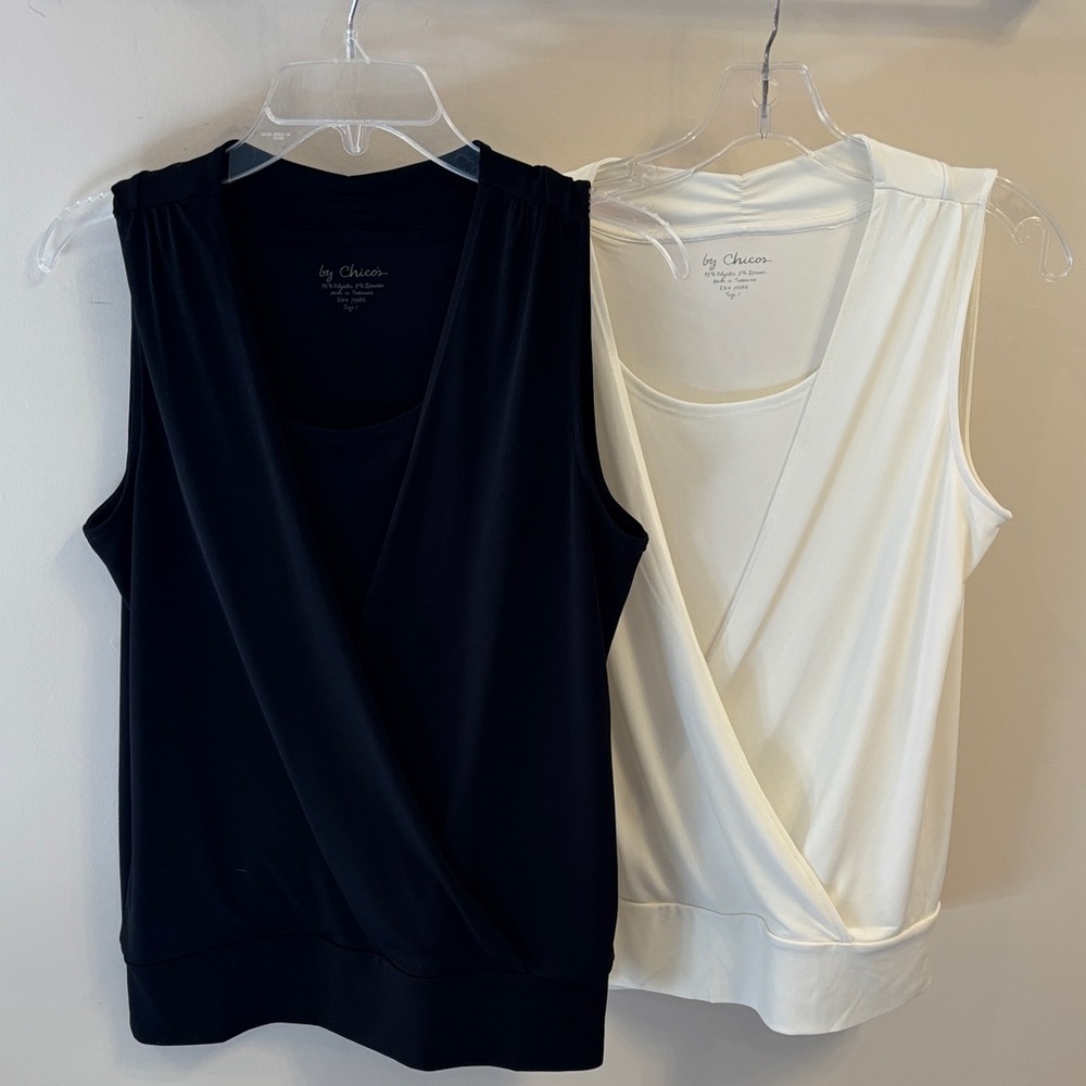 Chico's Sleeveless Faux-Wrap Tank Top in Black & Off white/Ecru Duo
